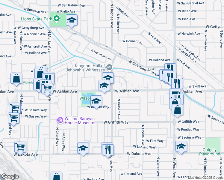 map of restaurants, bars, coffee shops, grocery stores, and more near W Ashlan Ave & N Hughes Ave in Fresno