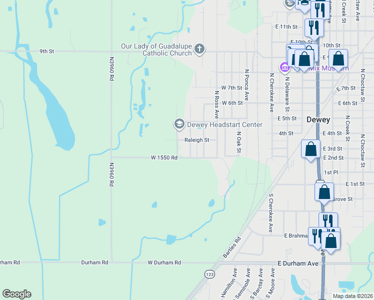 map of restaurants, bars, coffee shops, grocery stores, and more near 302 North Sequoyah Avenue in Dewey