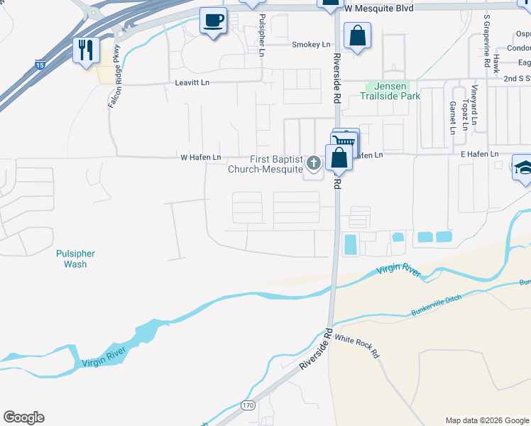 map of restaurants, bars, coffee shops, grocery stores, and more near 552 Cascade Avenue in Mesquite
