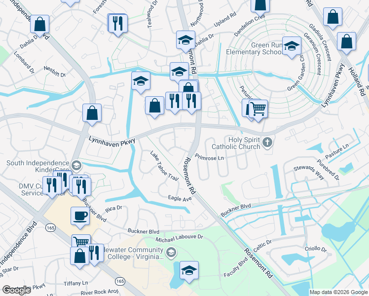 map of restaurants, bars, coffee shops, grocery stores, and more near 3600 Harbinger Road in Virginia Beach