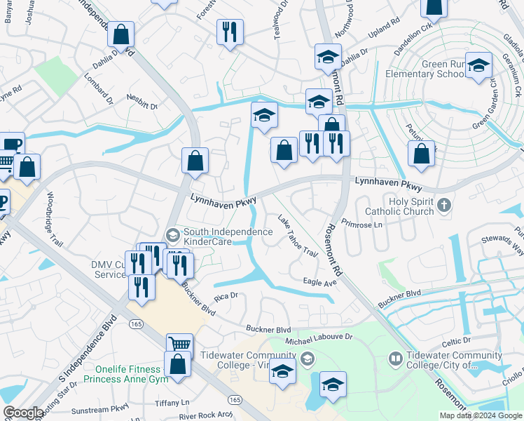 map of restaurants, bars, coffee shops, grocery stores, and more near 1440 Ski Lodge Road in Virginia Beach