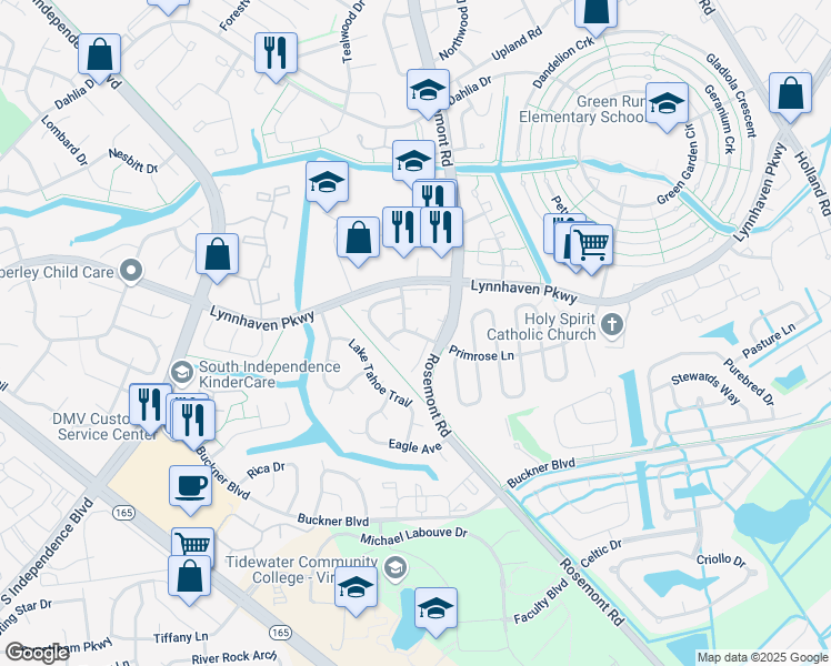 map of restaurants, bars, coffee shops, grocery stores, and more near 3600 Harbinger Road in Virginia Beach