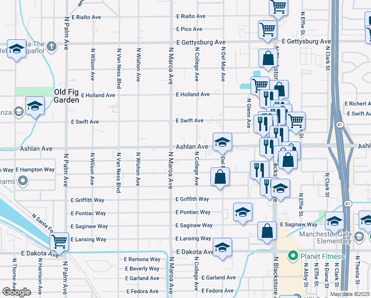 map of restaurants, bars, coffee shops, grocery stores, and more near 1014 East Ashlan Avenue in Fresno