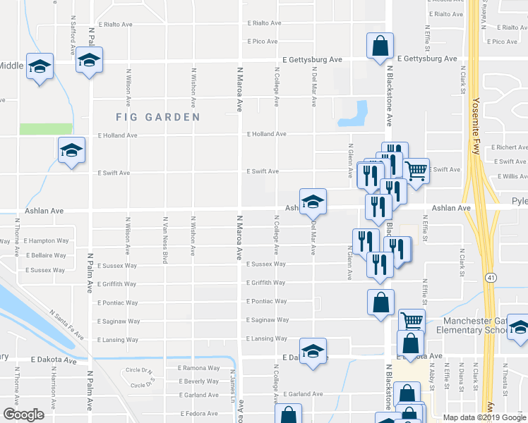 map of restaurants, bars, coffee shops, grocery stores, and more near 1020 East Ashlan Avenue in Fresno