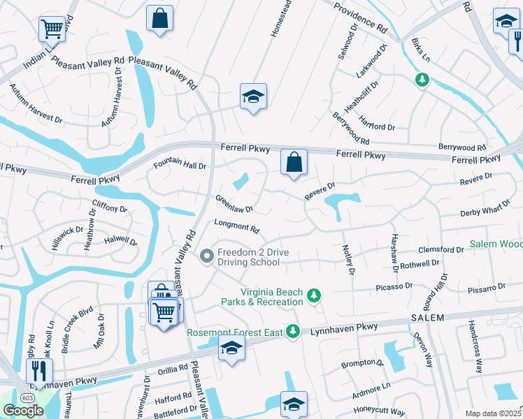 map of restaurants, bars, coffee shops, grocery stores, and more near 4647 Glanmire Drive in Virginia Beach