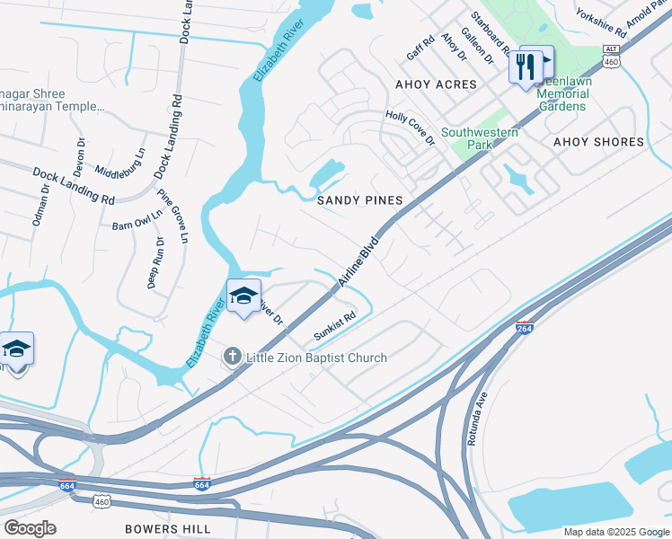 map of restaurants, bars, coffee shops, grocery stores, and more near 3904 Quailshire Lane in Chesapeake