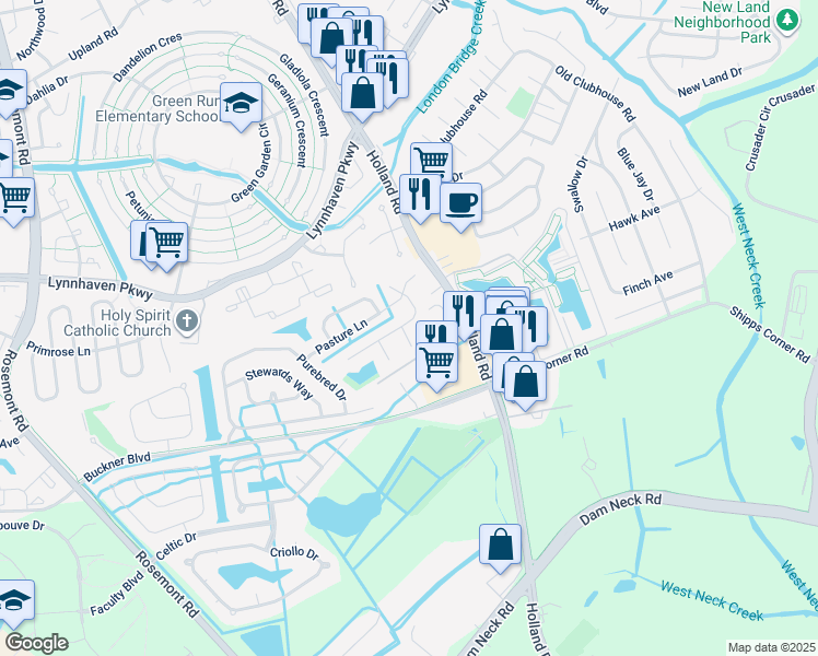 map of restaurants, bars, coffee shops, grocery stores, and more near 1500 Saddle Court in Virginia Beach