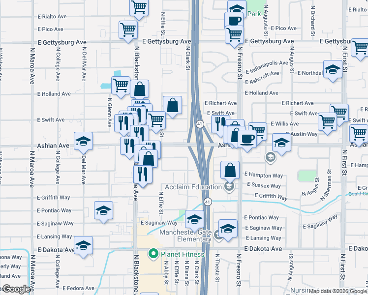 map of restaurants, bars, coffee shops, grocery stores, and more near 2003 East Buckingham Way in Fresno