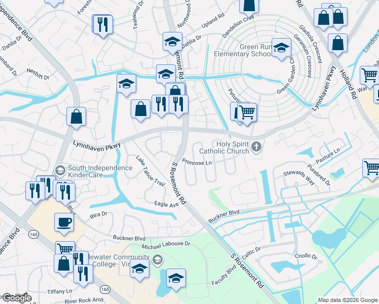 map of restaurants, bars, coffee shops, grocery stores, and more near 1461 Ponderosa Arch in Virginia Beach