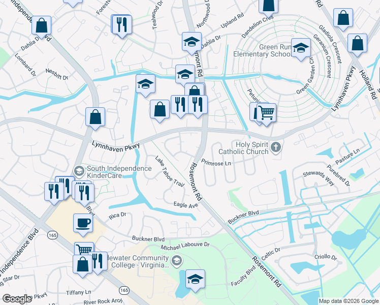 map of restaurants, bars, coffee shops, grocery stores, and more near 1500 Garland Way in Virginia Beach