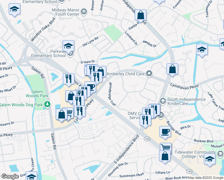 map of restaurants, bars, coffee shops, grocery stores, and more near 1305 Woodbridge Trail in Virginia Beach