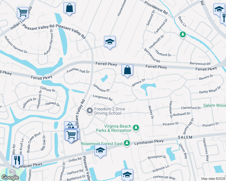 map of restaurants, bars, coffee shops, grocery stores, and more near 4647 Glanmire Drive in Virginia Beach