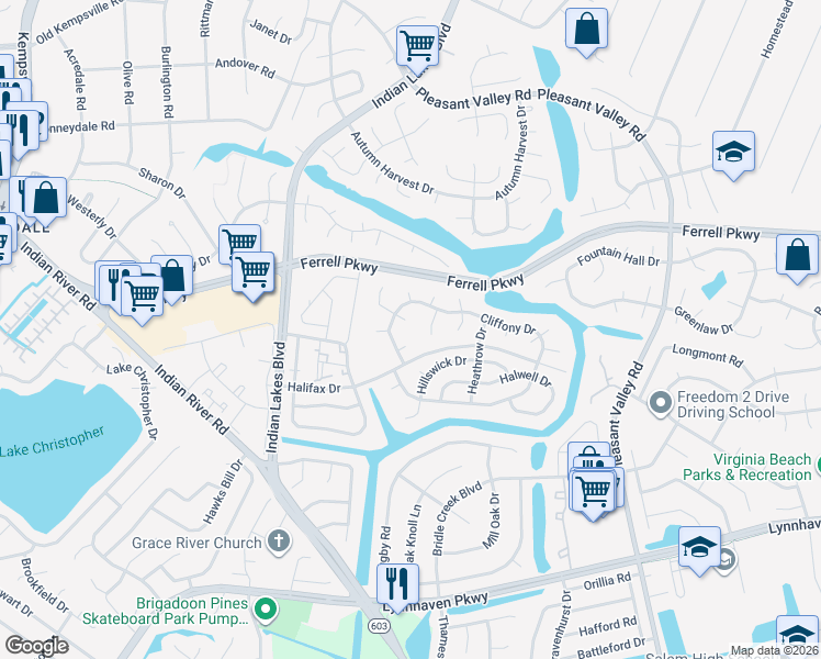 map of restaurants, bars, coffee shops, grocery stores, and more near 1529 Chilworth Court in Virginia Beach