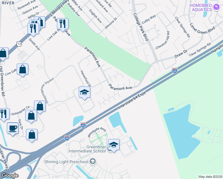 map of restaurants, bars, coffee shops, grocery stores, and more near 12 Upton Circle in Chesapeake