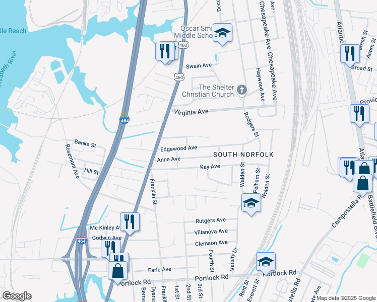 map of restaurants, bars, coffee shops, grocery stores, and more near 1203 Anne Avenue in Chesapeake