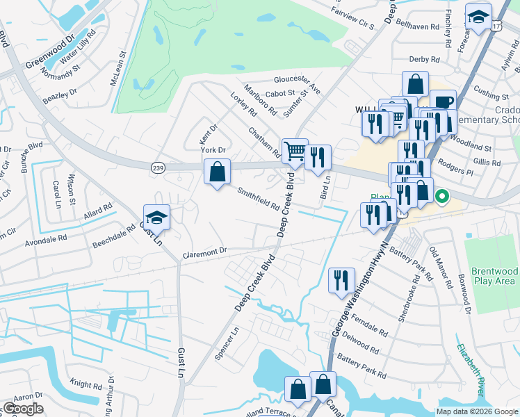 map of restaurants, bars, coffee shops, grocery stores, and more near 14 Holly Hill Lane in Portsmouth