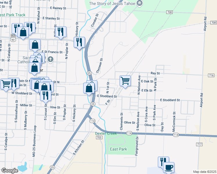 map of restaurants, bars, coffee shops, grocery stores, and more near 21 North 1st Street in Dexter