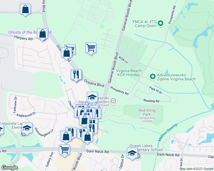 map of restaurants, bars, coffee shops, grocery stores, and more near State Route 615 in Virginia Beach