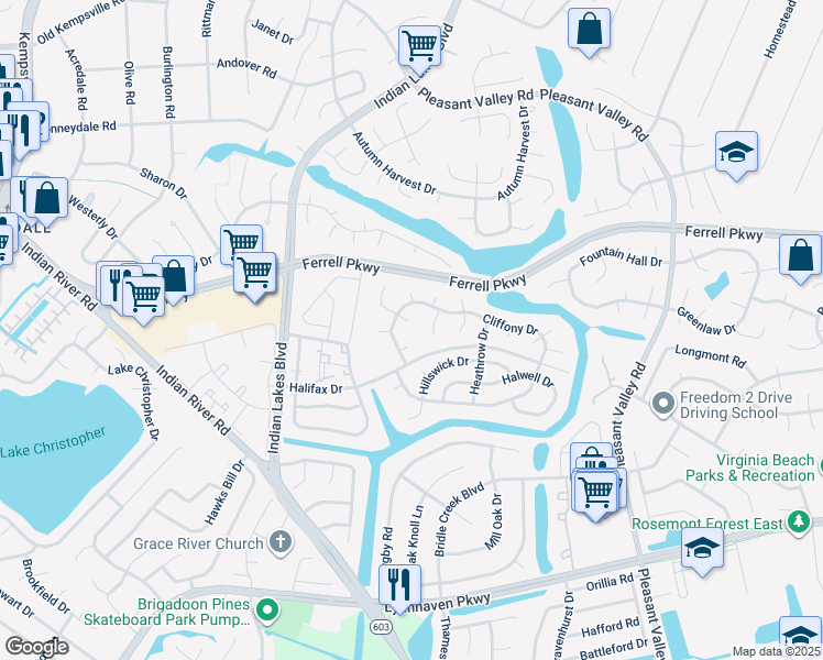 map of restaurants, bars, coffee shops, grocery stores, and more near 1529 Chilworth Court in Virginia Beach