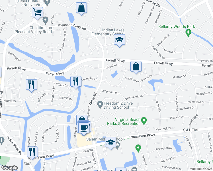 map of restaurants, bars, coffee shops, grocery stores, and more near 1502 Antler Circle in Virginia Beach