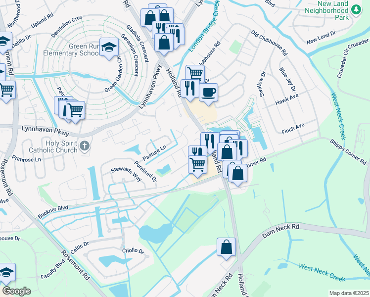 map of restaurants, bars, coffee shops, grocery stores, and more near 1500 Saddle Court in Virginia Beach