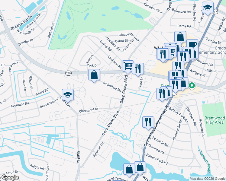map of restaurants, bars, coffee shops, grocery stores, and more near 14 Holly Hill Lane in Portsmouth