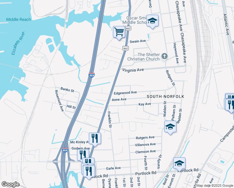 map of restaurants, bars, coffee shops, grocery stores, and more near 1102 Edgewood Avenue in Chesapeake