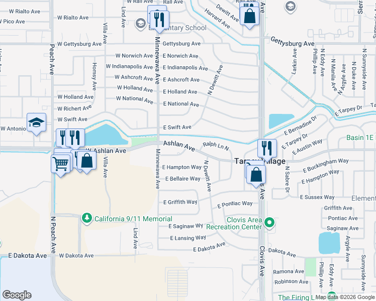 map of restaurants, bars, coffee shops, grocery stores, and more near 5482 East Ashlan Avenue in Fresno