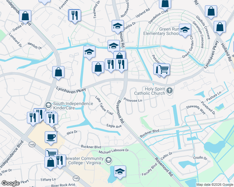 map of restaurants, bars, coffee shops, grocery stores, and more near 1500 Garland Way in Virginia Beach