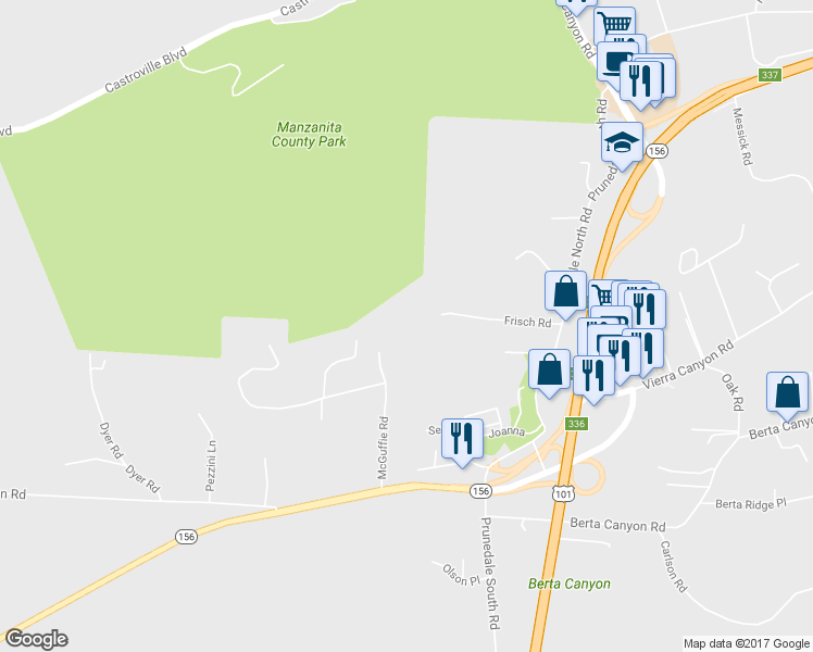 map of restaurants, bars, coffee shops, grocery stores, and more near 17329 McGuffie Road in Salinas