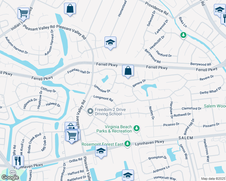 map of restaurants, bars, coffee shops, grocery stores, and more near 4647 Glanmire Drive in Virginia Beach