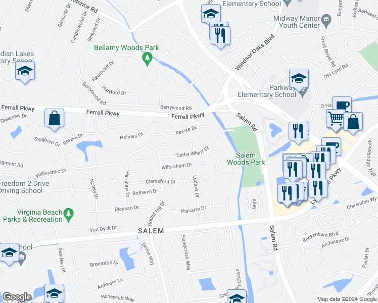 map of restaurants, bars, coffee shops, grocery stores, and more near 4248 Derby Wharf Drive in Virginia Beach