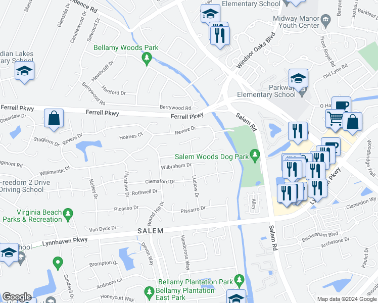 map of restaurants, bars, coffee shops, grocery stores, and more near 4248 Derby Wharf Drive in Virginia Beach