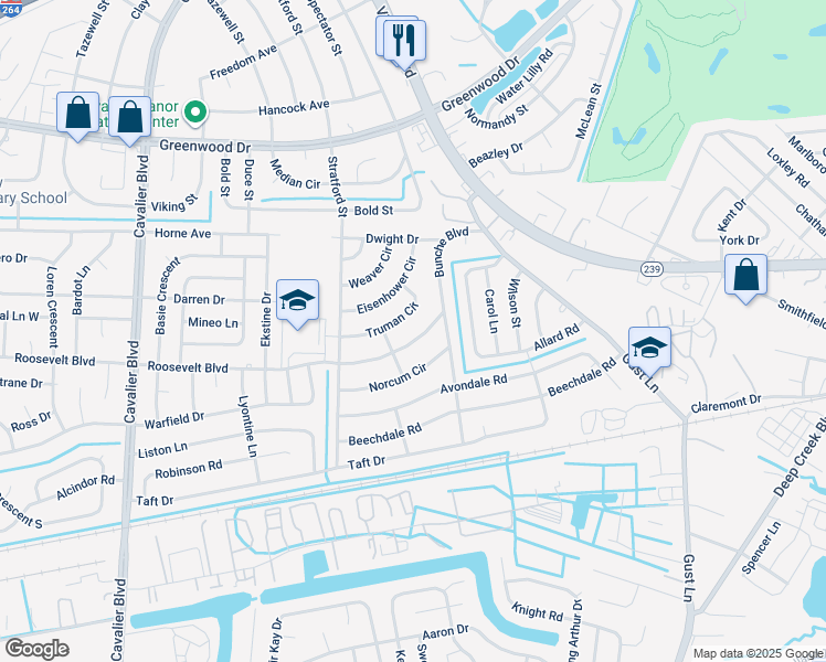 map of restaurants, bars, coffee shops, grocery stores, and more near 408 Roosevelt Boulevard in Portsmouth