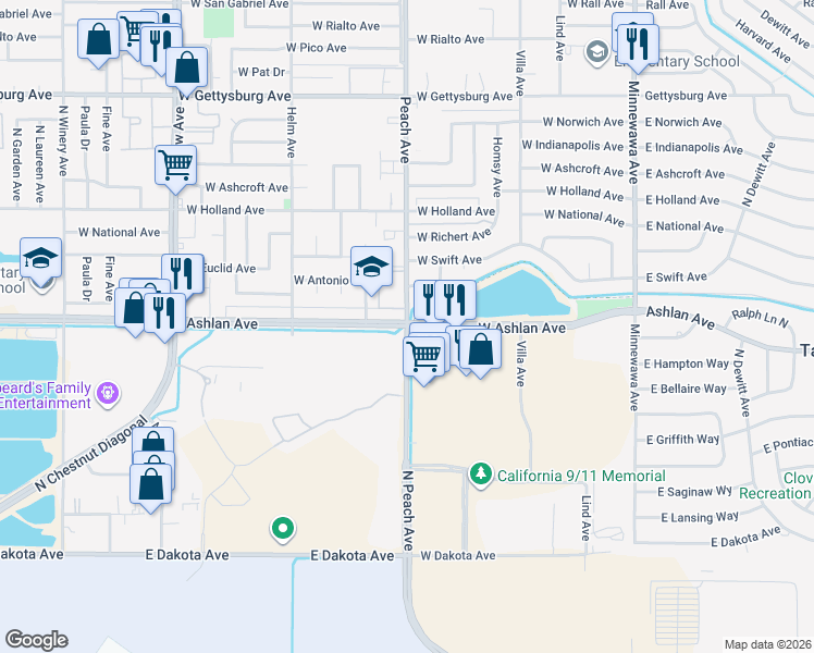 map of restaurants, bars, coffee shops, grocery stores, and more near E Ashlan Ave & Peach Ave in Fresno