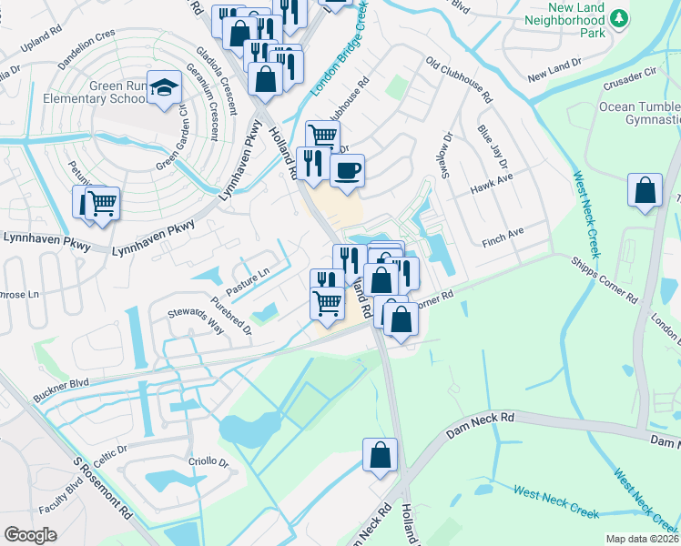 map of restaurants, bars, coffee shops, grocery stores, and more near 3213 Holland Road in Virginia Beach