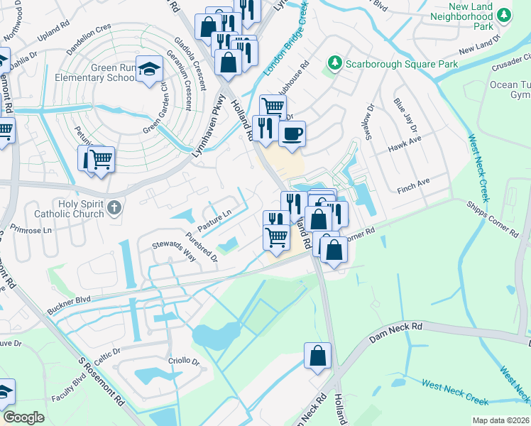 map of restaurants, bars, coffee shops, grocery stores, and more near 3429 Five Gait Trail in Virginia Beach