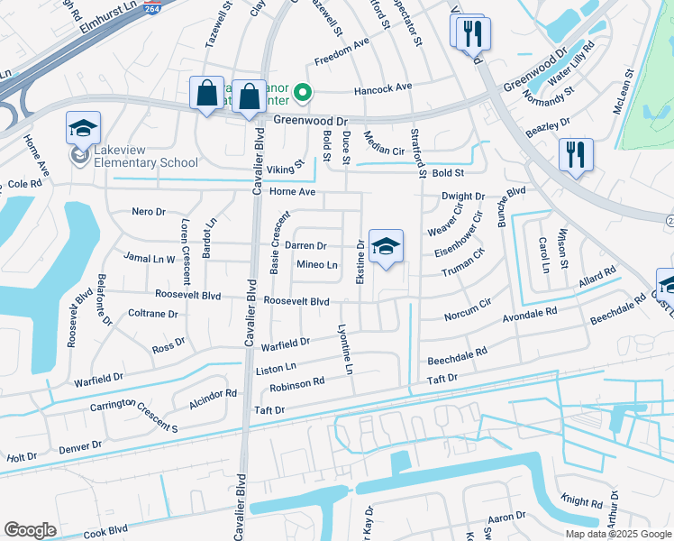 map of restaurants, bars, coffee shops, grocery stores, and more near 901 Mineo Lane in Portsmouth