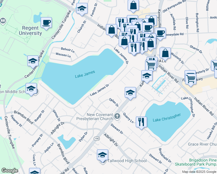 map of restaurants, bars, coffee shops, grocery stores, and more near 1408 Lake James Drive in Virginia Beach