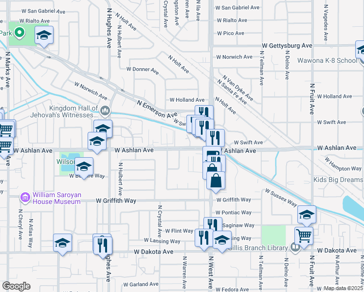 map of restaurants, bars, coffee shops, grocery stores, and more near 4186 North Warren Avenue in Fresno