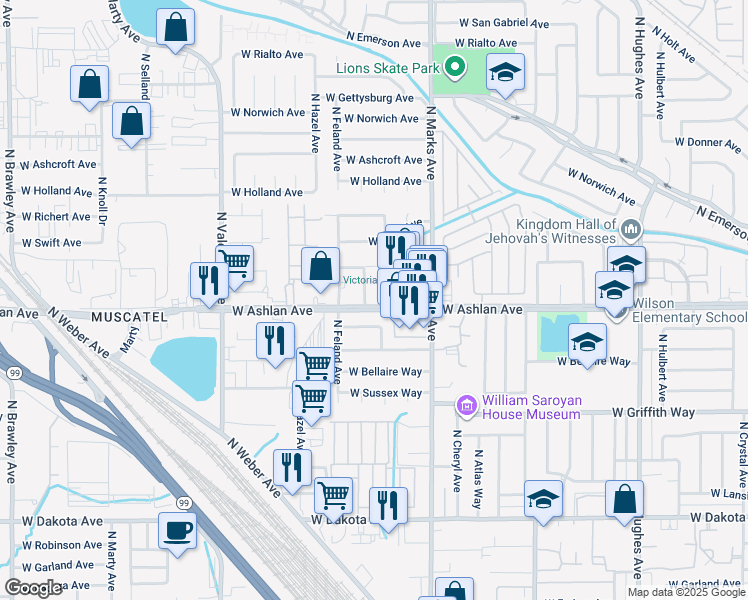 map of restaurants, bars, coffee shops, grocery stores, and more near 3126 West Buckingham Way in Fresno
