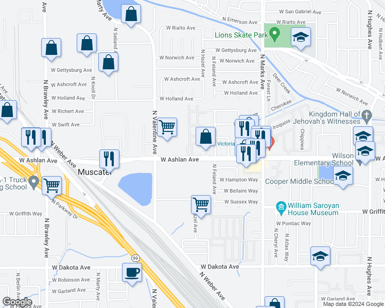 map of restaurants, bars, coffee shops, grocery stores, and more near 3265 West Ashlan Avenue in Fresno