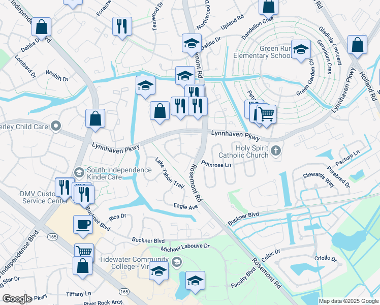 map of restaurants, bars, coffee shops, grocery stores, and more near 1500 Garland Way in Virginia Beach