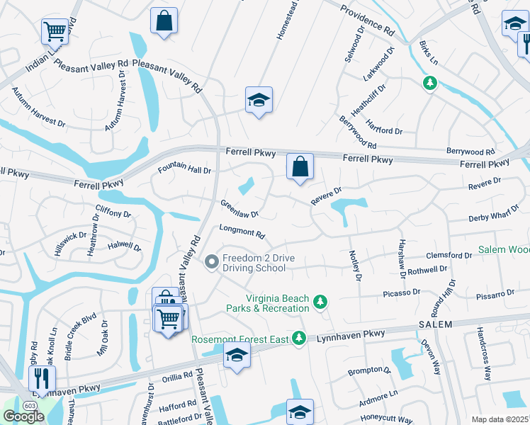 map of restaurants, bars, coffee shops, grocery stores, and more near 4647 Glanmire Drive in Virginia Beach
