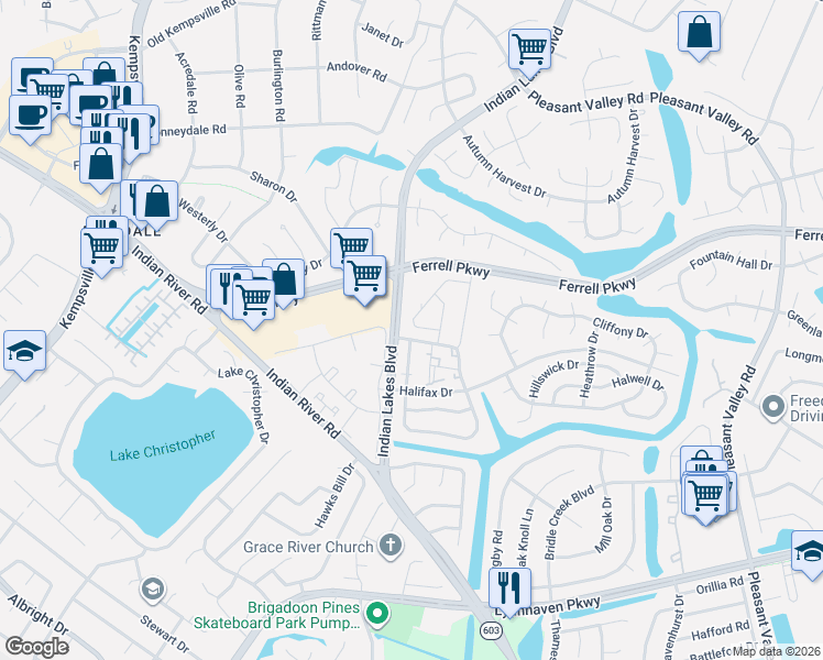 map of restaurants, bars, coffee shops, grocery stores, and more near 1401 Olivewood Court in Virginia Beach