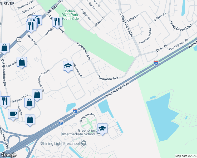 map of restaurants, bars, coffee shops, grocery stores, and more near 12 Upton Circle in Chesapeake