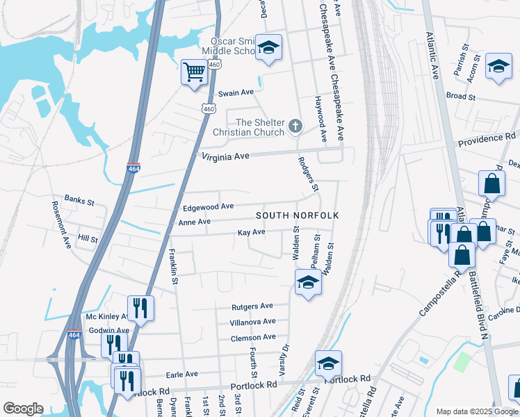 map of restaurants, bars, coffee shops, grocery stores, and more near 1236 Anne Avenue in Chesapeake