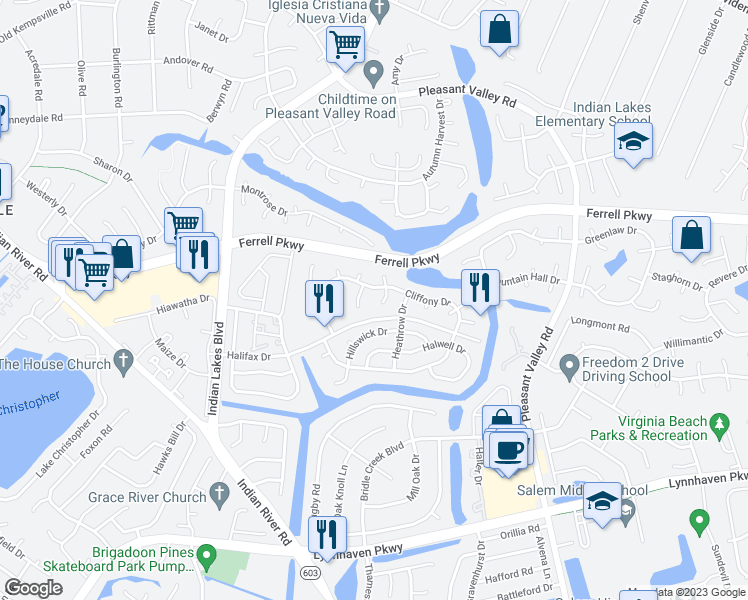 map of restaurants, bars, coffee shops, grocery stores, and more near 1513 Chirnside Court in Virginia Beach