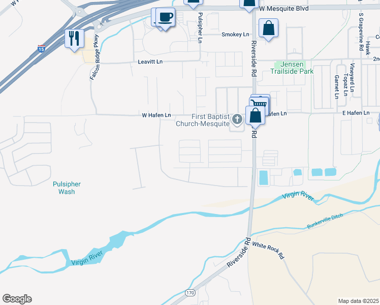 map of restaurants, bars, coffee shops, grocery stores, and more near 929 Riversbend Drive in Mesquite