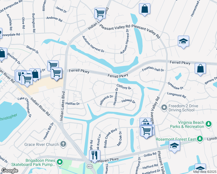 map of restaurants, bars, coffee shops, grocery stores, and more near 1513 Chirnside Court in Virginia Beach
